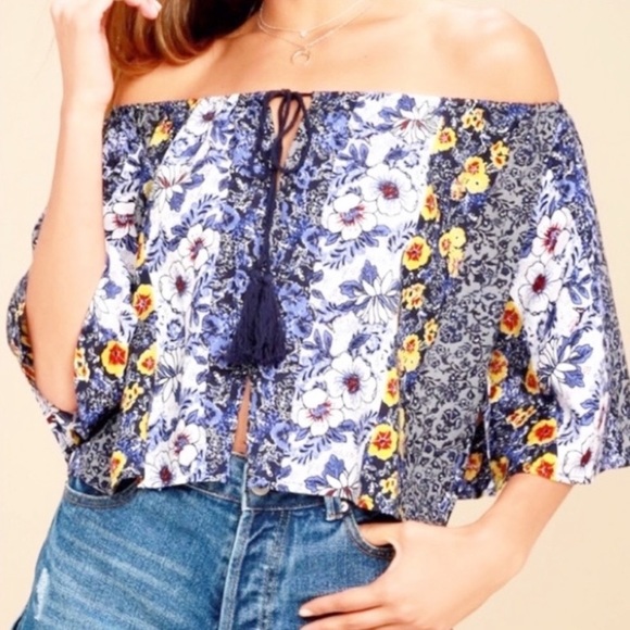 Lulus Tops - Lulus Blue Floral Off Shoulder Tassel Cropped Top